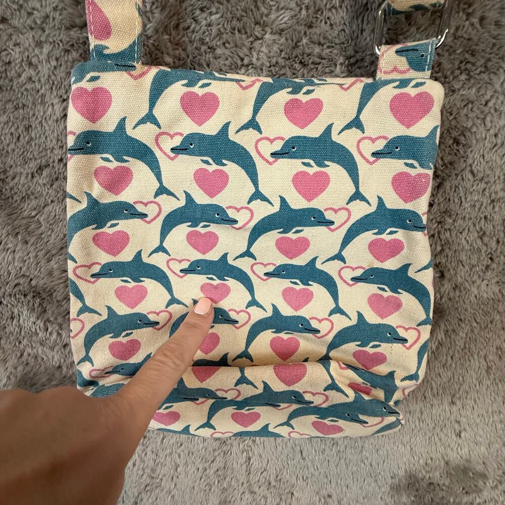 Bungalow 360 Crossbody Purse Shoulder Bag Satchel Blue Dolphin Pink Heart Canvas - Picture 8 of 12